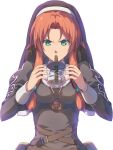  1girl antenna_hair belt_pouch brown_hair bubble_tea bubble_tea_challenge chiharu_(9654784) drinking drinking_straw drinking_straw_in_mouth eiyuu_densetsu green_eyes highres jewelry medallion necklace nun pouch ries_argent simple_background solo sora_no_kiseki traditional_nun twintails white_background 