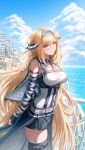 1girl absurdres arknights arms_behind_back blonde_hair blue_eyes blue_hairband blush breasts closed_mouth cloud daisy_cutter hair_ornament hairband highres horns large_breasts long_hair looking_at_viewer ocean outdoors pointy_ears saileach_(arknights) smile solo thighs water 