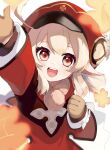  1girl :d absurdres ahoge arm_up bangs blurry brown_gloves brown_scarf cabbie_hat clover_print coat commentary_request depth_of_field genshin_impact gloves hair_between_eyes hat hat_feather hat_ornament highres kissousan klee_(genshin_impact) light_brown_hair long_hair long_sleeves looking_at_viewer pointy_ears reaching_towards_viewer red_coat red_eyes red_headwear scarf sidelocks simple_background smile solo white_background 