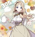  1girl alternate_costume blonde_hair blue_eyes bow closed_mouth cookie dress fire_emblem fire_emblem:_three_houses fire_emblem_heroes food frills hair_bow highres holding holding_teapot juria0801 long_sleeves looking_at_viewer maid_headdress mercedes_von_martritz mercedes_von_martritz_(tea_party) official_alternate_costume open_hand reaching reaching_towards_viewer side_ponytail teapot twitter_username 