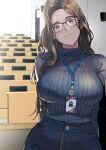  1girl breasts brown_eyes brown_hair commentary denim glasses highres id_card indoors jeans large_breasts light_blush light_smile long_hair looking_at_viewer noah_(pixiv) original pants ribbed_sweater solo sweater taut_sweater turtleneck turtleneck_sweater 