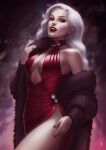  1girl blurry blurry_background breasts dress fangs fur_coat highres june_jenssen long_hair looking_at_viewer medium_breasts original red_dress red_eyes red_lips side_slit solo vampire white_hair 