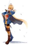  1boy ahoge blonde_hair brown_cape brown_eyes cape closed_mouth final_fantasy final_fantasy_tactics full_body gloves holding holding_weapon leaf looking_at_viewer negi_mugiya ponytail ramza_beoulve solo sword twitter_username weapon white_background wind 