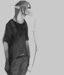  2016 akrolayn ambiguous_species anthro backpack black_clothing black_shirt black_t-shirt black_topwear bottomwear cigarette clothing digital_media_(artwork) digital_painting_(artwork) female flat_chested grey_background grey_body grey_bottomwear grey_clothing grey_hair grey_pants grey_skin greyscale hair hi_res holding_cigarette holding_object jewelry looking_aside monochrome necklace pants portrait scalie shirt simple_background smoke solo standing t-shirt three-quarter_portrait three-quarter_view tomboy topwear unavailable_at_source 