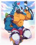 anthro avian avian_feet back_muscles backpack blue_body blue_feathers breath_of_the_wild brown_eyes bulge clothed clothing feathers gesture hi_res kass_(tloz) male nintendo nipples rito solo the_legend_of_zelda v_sign yeensinjeans 