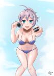  1girl ahoge akashieru aoba_(kancolle) aqua_eyes bikini breasts camera collarbone commentary_request feet_out_of_frame groin highres kantai_collection knees_together_feet_apart leaning_forward looking_at_viewer medium_breasts ponytail purple_bikini purple_hair short_hair smile solo swimsuit 