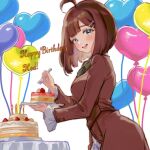  1girl ahoge balloon blue_eyes bow bowtie brown_coat brown_hair cake coat food fork frilled_sleeves frills green_bow green_bowtie hair_ornament hairclip happy_birthday heart_balloon hod_(project_moon) holding holding_fork holding_plate library_of_ruina long_sleeves medium_hair plate project_moon simple_background smile solo table white_background y0ru73 