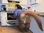  absurd_res anthro anus baking barely_visible_anus bent_over big_butt bottomless brown_body brown_fur butt clothed clothing cookie_crisp cooking countershade_butt countershading detailed_background facial_hair fur hair hi_res kitchen kronexfire legs_together long_hair looking_back male mammal mustelid otter overweight overweight_anthro overweight_male ralph_(ralphe2449) rear_view solo tail 