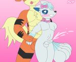  &lt;3 &lt;3_eyes abs accessory alolan_form alolan_vulpix anthro aurora_ledekova balls blaze_ignatius blush bodily_fluids bow_ribbon cum cumshot duo ejaculation ejaculation_while_penetrated erection from_behind_position generation_1_pokemon genital_fluids genitals growlithe hair_accessory hair_bow hair_ribbon hi_res looking_pleasured male male/male ninjatreecko nintendo penis pokemon pokemon_(species) regional_form_(pokemon) ribbons scarf sex size_difference standing standing_sex tongue tongue_out 