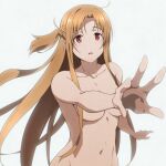  1girl asuna_(sao) braid breasts brown_eyes brown_hair collarbone completely_nude french_braid long_hair looking_at_viewer medium_breasts navel nude open_mouth outstretched_arm puge short_ponytail sword_art_online upper_body white_background 