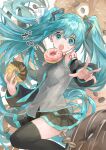  1girl :o aqua_eyes aqua_hair aqua_necktie bare_shoulders black_skirt black_sleeves black_thighhighs coffee_beans commentary cowboy_shot detached_sleeves doughnut dropping floating_hair food food-themed_background foreshortening french_cruller grey_shirt hair_ornament hatsune_miku highres himukai_aoi holding holding_food long_hair looking_at_viewer miniskirt necktie open_mouth outstretched_arm pleated_skirt reaching_towards_viewer shirt shoulder_tattoo skirt sleeveless sleeveless_shirt smile solo sprinkles sweat tattoo teeth thighhighs translated twintails upper_teeth_only variant_set very_long_hair vocaloid 