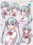  1girl alternate_hairstyle aqua_hair bow bowtie braid collared_shirt commentary_request dress_shirt grey_eyes hair_over_shoulder hair_ribbon highres kantai_collection long_hair low_twintails multiple_views orange_bow orange_bowtie ponytail ribbon shirt short_hair single_braid suzuya_(kancolle) teramoto_kaoru twintails upper_body white_shirt 