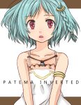  1girl bare_shoulders blouse blue_hair braid brown_background collarbone copyright_name cowboy_shot floating_hair hair_ornament kimita_(kiokunoumi) looking_at_viewer open_mouth patema red_eyes sakasama_no_patema shirt short_hair solo spaghetti_strap two-tone_background white_background white_shirt 