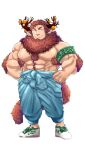 1boy abs absurdres animal_ears arm_hair bara blue_overalls body_fur clothes_around_waist cow_ears deer_antlers deer_boy deer_ears facial_hair goatee hairy hands_on_own_hips highres large_pectorals looking_to_the_side male_focus mature_male muscular muscular_male navel_hair no_nipples original overalls pectorals pontaro shoes short_hair sideburns smile sneakers solo stubble tail thick_eyebrows topless_male white_background 