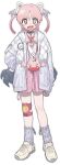  1girl :d animal_ears bandaid bandaid_on_face bandaid_on_forehead belt_collar blush_stickers chain_necklace collar down_jacket fake_animal_ears fangs full_body grey_collar grey_eyes grey_socks grey_wings head_wings highres jacket jewelry knee_pads lock lock_necklace long_hair long_sleeves looking_at_viewer low_wings necklace open_clothes open_jacket original oyasumi_guu_guu pink_hair pink_shirt pink_skirt shirt shoes simple_background single_knee_pad skirt smile sneakers socks solo two_side_up white_background white_footwear white_jacket white_wings wings 