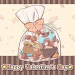  animal_focus artist_name bag bow brown_background brown_eyes cacao_(pui_pui_molcar) candy candy_wrapper choco_(pui_pui_molcar) chocolate chocomint_(pui_pui_molcar) closed_mouth commentary_request flower food green_flower guinea_pig happy_valentine in_bag in_container kani_aruki_(aruki_kanikani) lollipop looking_at_viewer molcar no_humans open_mouth pink_bow pui_pui_molcar simple_background star_(symbol) striped striped_background striped_bow swirl_lollipop twitter_username 