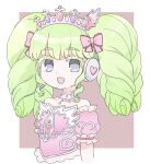  1girl bow colored_eyelashes dress drill_hair falulu green_hair grey_eyes hair_ribbon headphones long_hair looking_at_viewer mikoromo310 open_mouth pink_bow pink_dress pretty_(series) pripara puffy_sleeves ribbon sidelocks smile solo tiara twin_drills twintails upper_body 