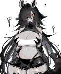  1girl animal_ears bare_shoulders black_gloves black_hair black_shorts breasts cleavage colored_skin cowboy_shot elbow_gloves gloves grey_skin hair_over_one_eye highleg highleg_panties highres large_breasts long_hair looking_at_viewer mightyena panties personification pokemon pokemon_(creature) red_eyes shorts simple_background solo standing star_(symbol) strapless thick_thighs thighs tube_top underwear usa37107692 white_background 
