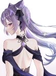  1girl bare_back bare_shoulders black_ribbon blush commentary_request cone_hair_bun genshin_impact hair_bun hair_ribbon highres keqing_(genshin_impact) long_hair looking_at_viewer mochi_mochi052 purple_eyes purple_hair ribbon simple_background solo twintails upper_body very_long_hair white_background 