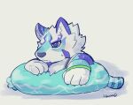  anthro blue_eyes canid canine chibi floatie fur igarashi_ta inflatable lifewonders live_a_hero male mammal multicolored_body multicolored_fur neck_tuft pouting sadayoshi solo tuft 