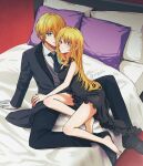  1boy 1girl asgykk bed bed_sheet black_dress blonde_hair blue_eyes brother_and_sister butler commentary_request dress gloves hair_down highres hoshino_aquamarine hoshino_ruby long_hair looking_at_viewer mismatched_pupils necktie on_bed oshi_no_ko pillow pink_eyes short_hair siblings twins vest white_gloves 