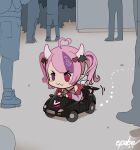  :3 ahoge blush_stickers car chibi crowd demon_wings driving epebe heart heart_ahoge heterochromia horns ironmouse jacket motor_vehicle pink_hair pink_jacket pointy_ears purple_eyes red_eyes signature twintails virtual_youtuber vshojo wings 