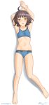  1girl ahoge arms_up barefoot blue_bra blue_panties blunt_bangs bra brown_hair dakimakura_(medium) full_body highres kantai_collection kishinami_(kancolle) lying navel one-hour_drawing_challenge panties ray.s short_hair solo sports_bra underwear underwear_only wavy_hair yellow_eyes 