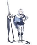  1girl armor armored_boots asymmetrical_clothes banner boots breastplate full_body gauntlets grey_eyes hairband hand_on_own_hip highres holding holding_polearm holding_weapon km_yama original plate_armor polearm sabaton solo spear standing straight-on sword weapon white_background white_hair 