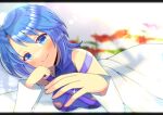  1girl bare_shoulders blue_eyes blue_hair blue_shirt blurry blurry_background blush closed_mouth commentary_request commission copyright_request depth_of_field hands_up head_tilt kou_hiyoyo letterboxed long_sleeves looking_at_viewer shirt skeb_commission sleeveless sleeveless_shirt smile solo 