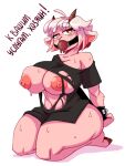  anthro arms_tied ball_gag bdsm big_breasts bodily_fluids bondage bound bovid breasts caprine clothing female gag gagged goat hair hands_behind_back hi_res hooves horn karakylia kneeling mammal pink_body russian_text solo sweat text torn_clothing white_hair 