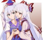  2girls bangs blue_dress blue_eyes blue_hair blue_headwear blunt_bangs blush bow breasts closed_mouth collarbone collared_shirt dress fingernails fujiwara_no_mokou hair_bow hand_on_another&#039;s_head holding_hands kamishirasawa_keine large_breasts light_blue_hair long_hair long_sleeves looking_at_another multiple_girls puffy_short_sleeves puffy_sleeves red_eyes shinmon_akika shirt short_sleeves smile suspenders touhou two-tone_bow white_shirt wing_collar 