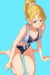  1girl absurdres ayase_eli bare_arms bare_legs barefoot bikini black_bikini blonde_hair blue_background blue_eyes breasts cleavage collarbone commentary_request hair_between_eyes hair_ornament hair_scrunchie high_ponytail highres koiori long_hair love_live! love_live!_school_idol_project scrunchie simple_background sitting small_breasts solo swimsuit tongue tongue_out wariza white_scrunchie 
