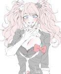 1girl bear_hair_ornament black_bra blue_eyes blush bow bra breasts cleavage collarbone d_(3i135) danganronpa:_trigger_happy_havoc danganronpa_(series) enoshima_junko fang grin hair_ornament hand_up large_breasts messy_hair nail_polish necktie red_bow red_nails shirt_bow short_sleeves simple_background smile solo teeth twintails underwear upper_body white_background white_necktie 