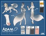  4_fingers adam_(linkscape) anthro arctic_fox bell bell_collar biped canid canine claws collar color_swatch english_text eyebrows feral fingers fox hi_res linkscape male mammal model_sheet pawpads paws pink_pawpads pink_tongue quadruped solo tail text tongue tongue_out 