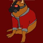  canid canine canis cheems clothing dogelore domestic_dog feral gas_mask hoodie male mammal mask meme naysayingmongrel red_clothing red_eyes simple_background solo topwear 
