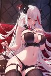  1girl aegir_(azur_lane) alternate_costume azur_lane black_gloves black_horns black_panties black_thighhighs breasts closed_mouth earrings finger_to_mouth gloves hair_between_eyes halloween horns jewelry large_breasts long_hair looking_at_viewer mitsu_(mitsu_art) navel panties patreon_username red_hair smile solo thighhighs thighs underwear very_long_hair white_hair yellow_eyes 