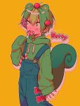  1boy animal_ears blush candy character_name drawstring drop_shadow food green_eyes green_hair green_hoodie happy_tree_friends highres hood hoodie lollipop long_sleeves male_focus menma_(enaic31) nutty_(happy_tree_friends) overalls short_hair sleeves_past_wrists solo squirrel_boy squirrel_ears squirrel_tail sticker swirl_lollipop tail yellow_background 