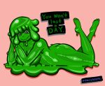  breasts butt cleavage clothed clothing crazed_look digital_media_(artwork) dripping_slime english_text evil_grin feet_up female glistening glistening_body goo_creature goo_hair goo_humanoid green_body green_slime hands_together hi_res humanoid looking_at_viewer lucy_(everhood_2) lying not_furry on_front pseudo_hair shinyklefki simple_background slime slime_pool smile smiling_at_viewer solo text text_box 