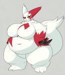  2022 3_toes anthro belly big_belly big_breasts big_butt biped bodily_fluids breasts butt claws digital_media_(artwork) featureless_breasts featureless_crotch feet female fur generation_3_pokemon hi_res huge_belly huge_breasts huge_hips huge_thighs looking_at_viewer mammal markings navel nintendo nude overweight pokemon pokemon_(species) red_body red_fur red_markings simple_background solo sweat sweatdrop thick_thighs toes white_body white_fur wide_hips wind_am zangoose 
