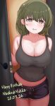  1girl absurdres arm_behind_back black_camisole black_shorts blush breasts camisole character_name cleavage collarbone crop_top dated dolphin_shorts door gbr20210907 green_eyes green_hair happy_birthday highres idolmaster idolmaster_shiny_colors large_breasts looking_at_viewer midriff nanakusa_nichika short_hair short_shorts shorts solo 