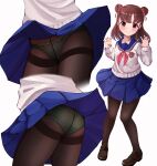  1girl absurdres ass black_footwear black_pantyhose blue_sailor_collar blue_skirt blush bow bow_panties brown_hair claw_pose closed_mouth clothes_lift commentary_request commission crotch_seam double_bun emblem grey_sweater hair_bun hair_ribbon highres idolmaster idolmaster_cinderella_girls kotani_(dainanumi) loafers long_sleeves looking_at_viewer medium_hair miniskirt multiple_views munakata_atsumi neckerchief panties pantyhose pantyshot partial_commentary pleated_skirt polka_dot polka_dot_panties purple_eyes red_neckerchief red_ribbon ribbon sailor_collar school_uniform serafuku shoes simple_background skeb_commission skirt skirt_lift smile standing sweater thighband_pantyhose underwear v-neck variant_set white_background wind wind_lift 