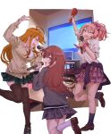  3girls ;d ahoge arm_up black_thighhighs blush brown_cardigan brown_hair cardigan grey_cardigan gyaru hamedoragon highres holding holding_microphone idolmaster idolmaster_cinderella_girls idolmaster_million_live! idolmaster_shiny_colors jougasaki_mika karaoke kogal long_hair looking_at_viewer microphone multiple_girls music one_eye_closed orange_hair osaki_amana pink_hair plaid plaid_skirt pleated_skirt ponytail purple_cardigan school_uniform singing skirt smile socks standing standing_on_one_leg straight_hair thighhighs tokoro_megumi very_long_hair white_socks 