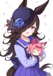  1girl animal_ears black_hair blush breasts character_doll cleavage collarbone doll flower hair_ornament hair_over_one_eye haru_urara_(umamusume) hat highres horse_ears horse_girl horse_tail hugging_object iwao_(pixiv258710) long_hair looking_at_viewer open_mouth ribbon rice_shower_(umamusume) school_uniform smile solo tail tracen_school_uniform umamusume white_background 
