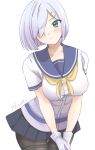  1girl black_pantyhose blue_eyes blush breasts gloves grey_hair grey_skirt hair_ornament hair_over_one_eye hairclip hamakaze_(kancolle) kantai_collection large_breasts looking_at_viewer neckerchief niwa_(niwa71065) pantyhose pleated_skirt school_uniform serafuku short_hair short_sleeves signature simple_background skirt smile solo white_background white_gloves yellow_neckerchief 