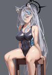  1girl animal_ear_fluff animal_ears bangs black_one-piece_swimsuit blue_archive blue_eyes breasts chair competition_swimsuit covered_navel cross_hair_ornament dark_halo extra_ears feet_out_of_frame grey_background grey_hair hair_ornament hair_over_one_eye halo highres large_breasts long_hair low_ponytail mismatched_pupils multicolored_clothes multicolored_swimsuit one-piece_swimsuit shiroko_(blue_archive) shiroko_(swimsuit)_(blue_archive) shiroko_(terror)_(blue_archive) simple_background simplecar sitting solo swimsuit wolf_ears 