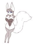 absurd_res anthro big_breasts blue_eyes breasts canid canine clothing female fennec fox hi_res huge_breasts legwear mammal monochrome motion_lines necktie scorpdk short_stack solo strapless_leotard thick_thighs thigh_highs wide_hips 
