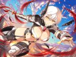  1girl black_feathers black_garter_straps blue_sky breasts building city cityscape cleavage closed_mouth cloud cloudy_sky cyborg day debris dusk energy evening feathers fire frown garter_straps gloves gradient_sky groin holding holding_sword holding_weapon katana large_breasts leg_armor linea_alba looking_at_viewer mechanical_parts miyabi_(senran_kagura) mountain navel official_alternate_costume official_art orange_sky outdoors post-apocalypse revealing_clothes ruins senran_kagura senran_kagura_new_link senran_kagura_shinovi_versus shiny_skin short_hair sky skyscraper slit_pupils solo sparks sun sunset sword thighhighs tsuba_(guard) tsuka-ito tsuka_(handle) unsheathed weapon white_feathers white_gloves white_hair window yaegashi_nan yellow_eyes yellow_sky 