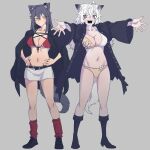  2girls animal_ears arknights bikini bikini_under_clothes black_coat black_footwear black_jacket boots buttons coat collarbone ear_piercing flower_bikini full_body grey_background grey_eyes hair_between_eyes hands_on_own_hips highres jacket jacket_on_shoulders lappland_(arknights) long_hair long_sleeves looking_at_viewer miniskirt multiple_girls navel noiimad open_clothes open_coat open_jacket outstretched_arms piercing red_bikini red_socks scar scar_across_eye sharp_teeth simple_background skirt socks standing swimsuit tail teeth texas_(arknights) white_hair white_skirt wolf_ears wolf_girl wolf_tail yellow_bikini yellow_eyes 