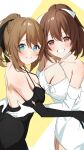  2girls absurdres aogiri_koukou backless_dress backless_outfit black_dress black_gloves blue_eyes blush braid breasts brown_eyes brown_hair cleavage closed_mouth collarbone dress elbow_gloves gloves hand_on_another&#039;s_hip highres indie_virtual_youtuber kkix25 kurikoma_komaru large_breasts looking_at_viewer multiple_girls ponytail simple_background sleeveless sleeveless_dress smile teeth white_dress white_gloves 