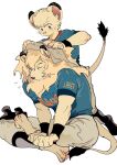  1boy 1girl animal_ears animal_feet animal_hands atie1225 barefoot baseball_uniform black_eyes blonde_hair blue_shirt body_fur closed_eyes closed_mouth commentary drying drying_hair full_body fur-tipped_tail furry furry_female furry_male holding holding_towel leo_(seibu_lions) lina_(seibu_lions) lion_boy lion_ears lion_girl lion_tail looking_at_another looking_down mane saitama_seibu_lions shirt short_sleeves simple_background sitting sportswear symbol-only_commentary tail tongue tongue_out towel whiskers white_background wiping wristband 
